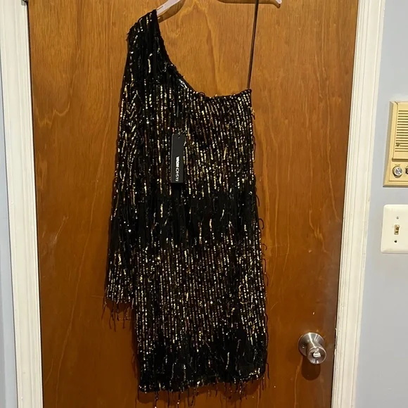 black and gold fashion nova dress Jessy Feather Satin Mini Dress - Black/Gold